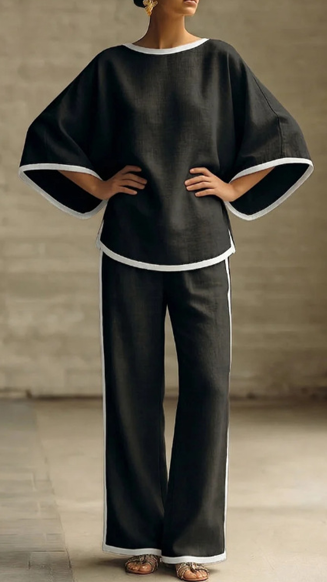 Women's Cotton-Blend Off-White Trimmed Loose Top & Wide-Leg Pants Set - Nordfashionstorm - Women's Clothing, Fashion for You - Nordfashionstorm.com