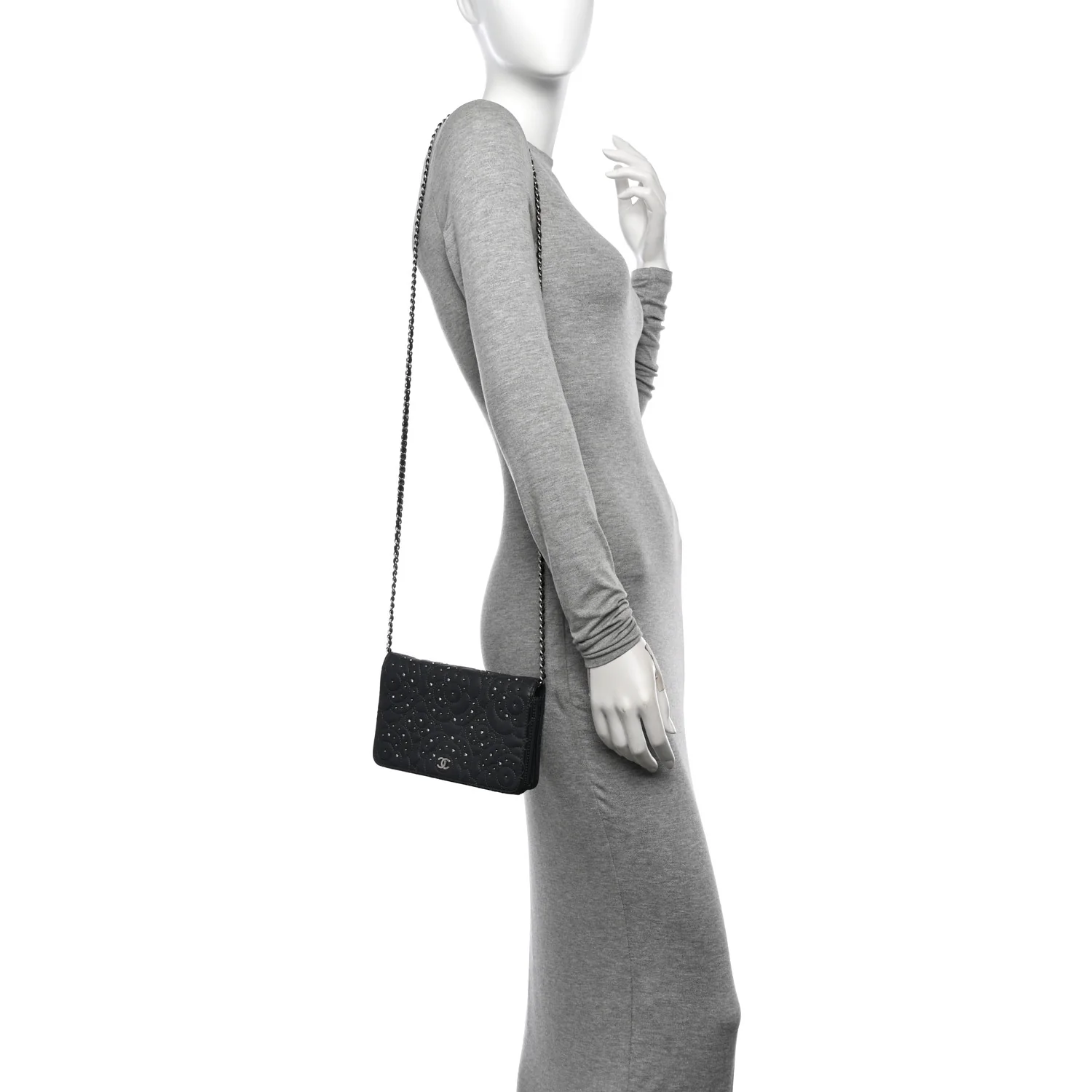 Lambskin Camellia Studded Wallet on Chain WOC Grey