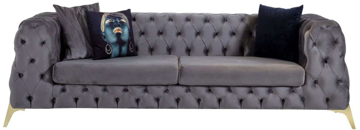 Luxury Chesterfield velvet sofa gray / brass 240 x 95 x H. 81 cm - Modern living room sofa - Chesterfield furniture