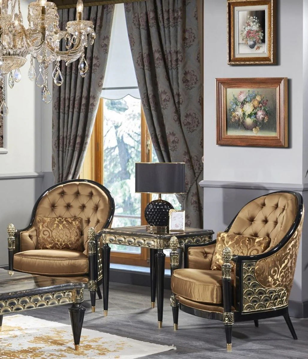 Luxury Baroque Living Room Set Gold / Black - 1 Sofa & 2 Armchairs & 1 Coffee Table & 1 Side Table - Magnificent Baroque Furniture - Luxury Quality