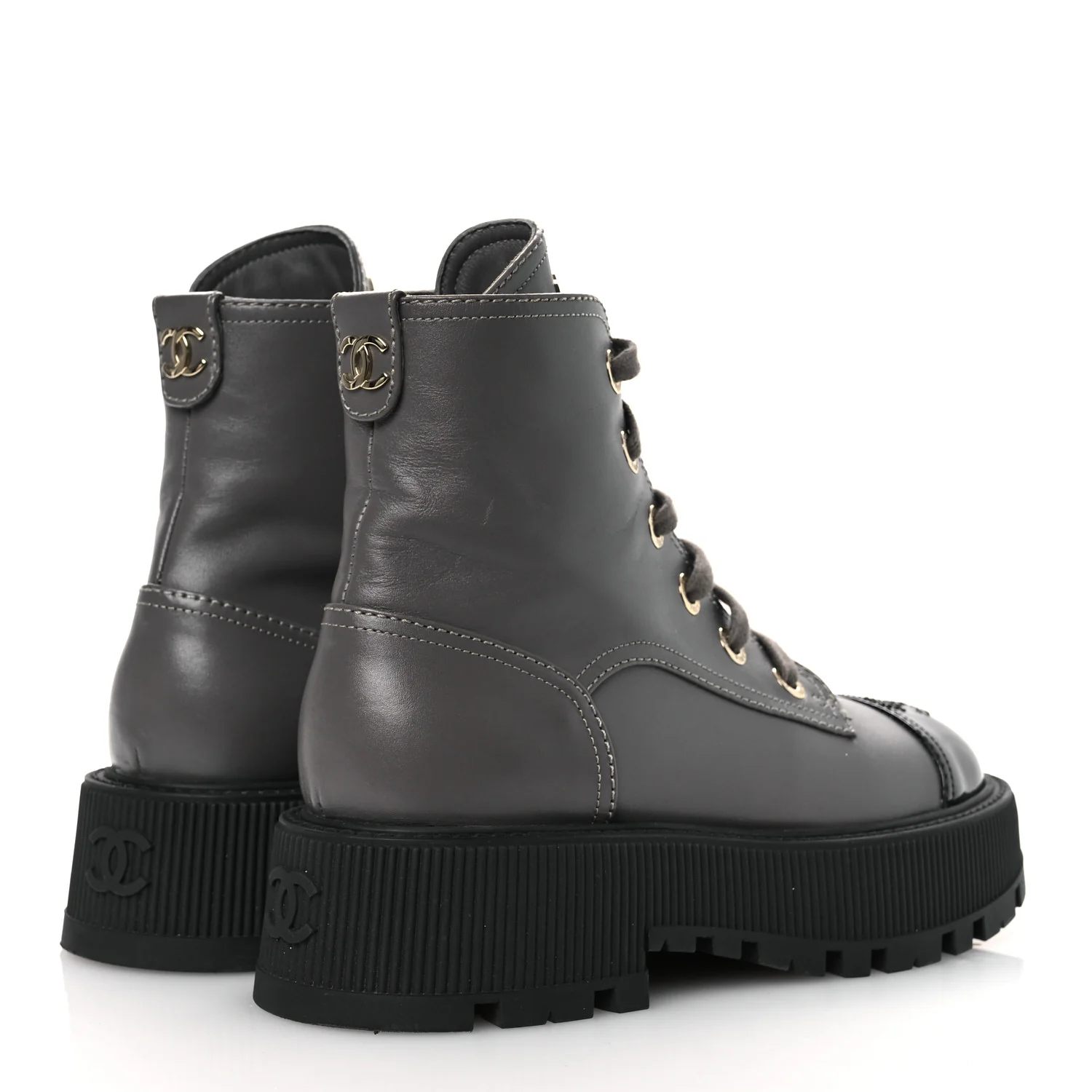 Calfskin Patent Calfskin CC Lace Up Combat Boots 36.5 Gray Black - Top Club