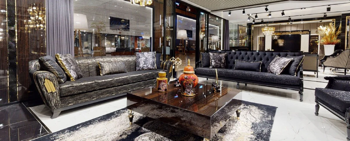 Luxury sofa black / gold 280 x 77 x H. 94 cm - living room sofa - hotel sofa - living room furniture - hotel furniture - luxury furniture - living room furnishings - luxury furnishings