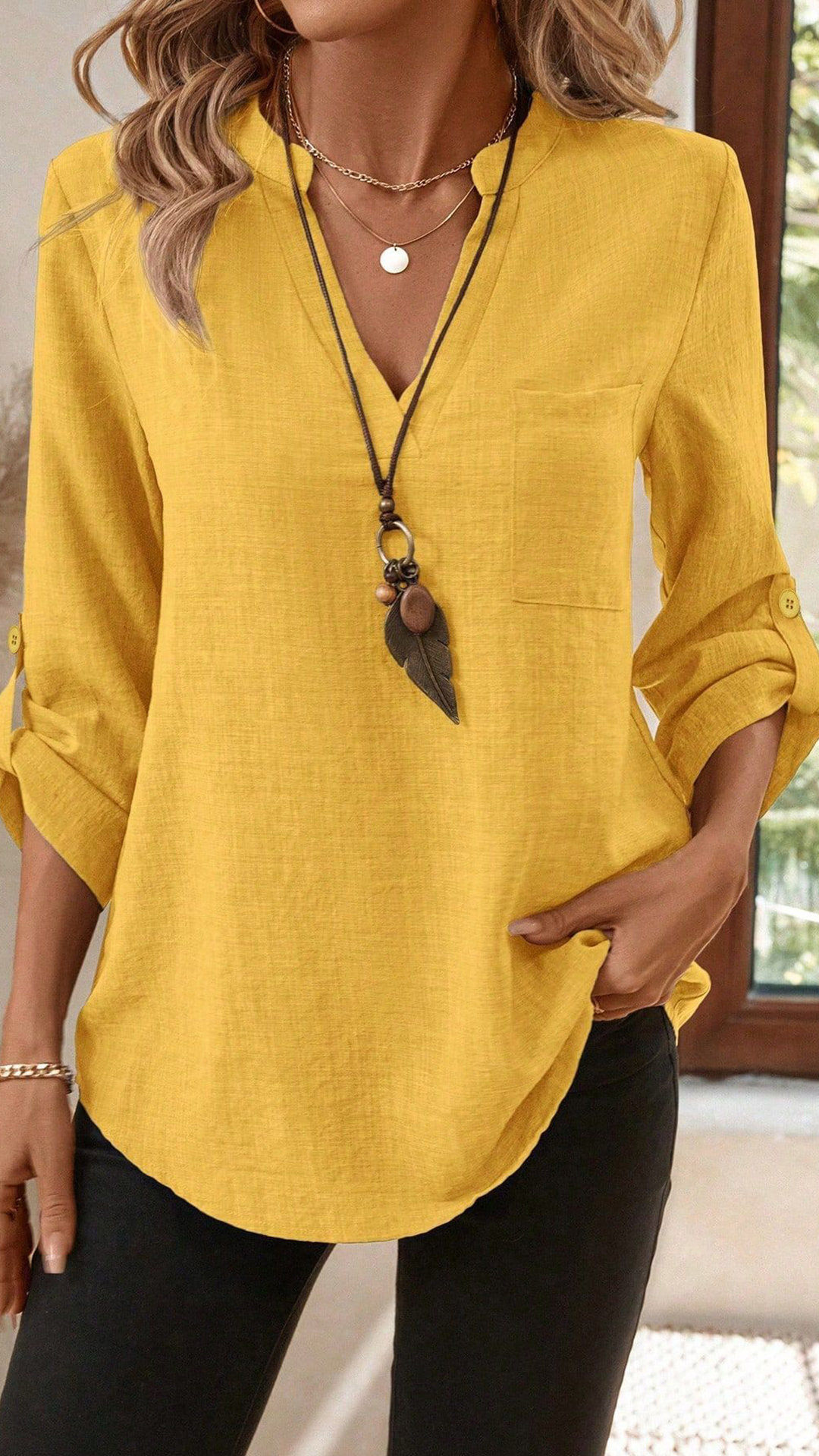 Women's Army Green Linen-Blend Henley Shirt - Nordfashionstorm - Women's Clothing, Fashion for You - Nordfashionstorm.com