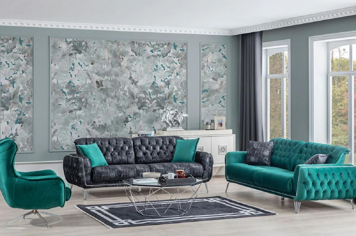 Luxury Chesterfield sofa bed black / gray / silver 230 x 95 x H. 75 cm - Modern living room sofa - Chesterfield living room furniture