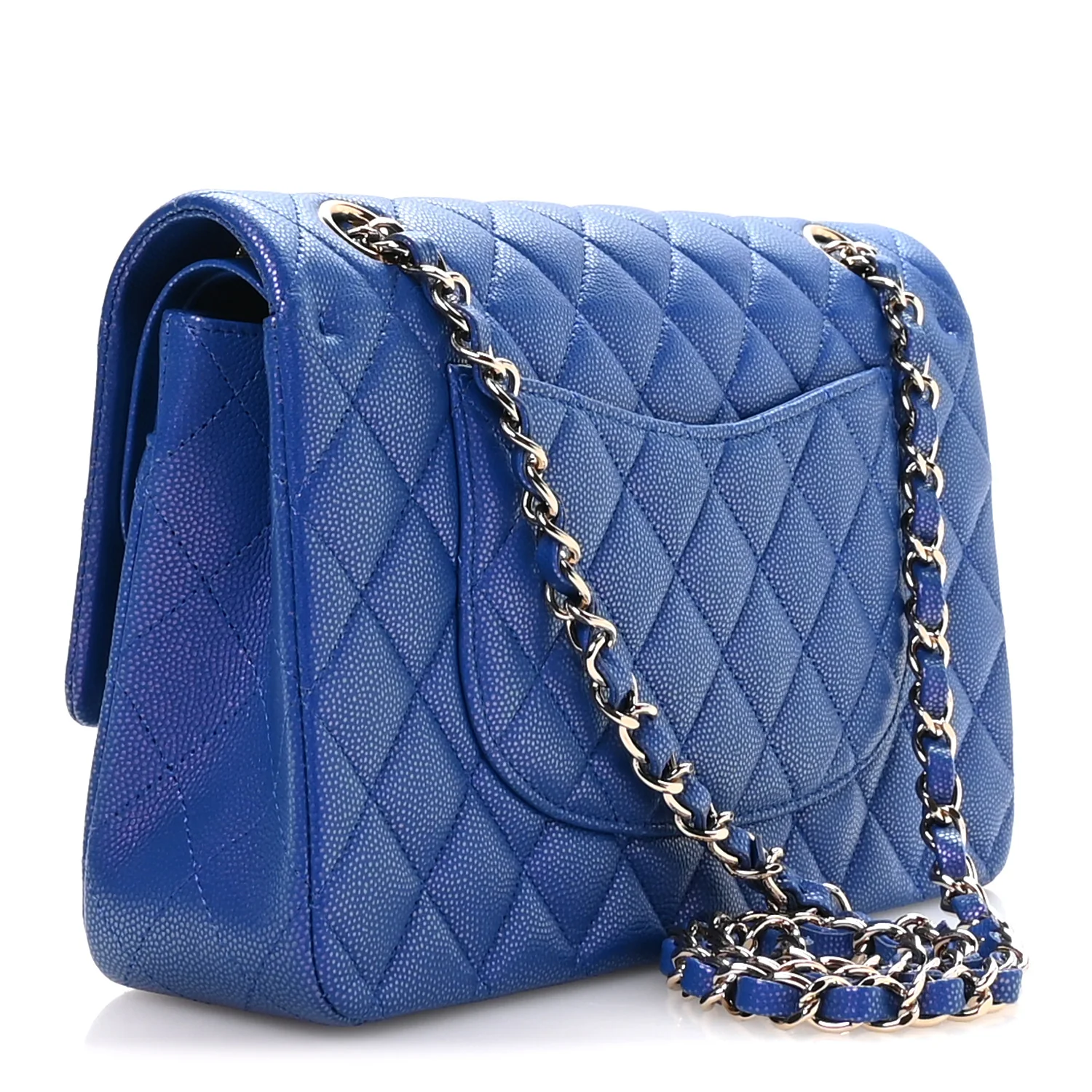 Iridescent Caviar Quilted Medium Double Flap Blue - Top Club