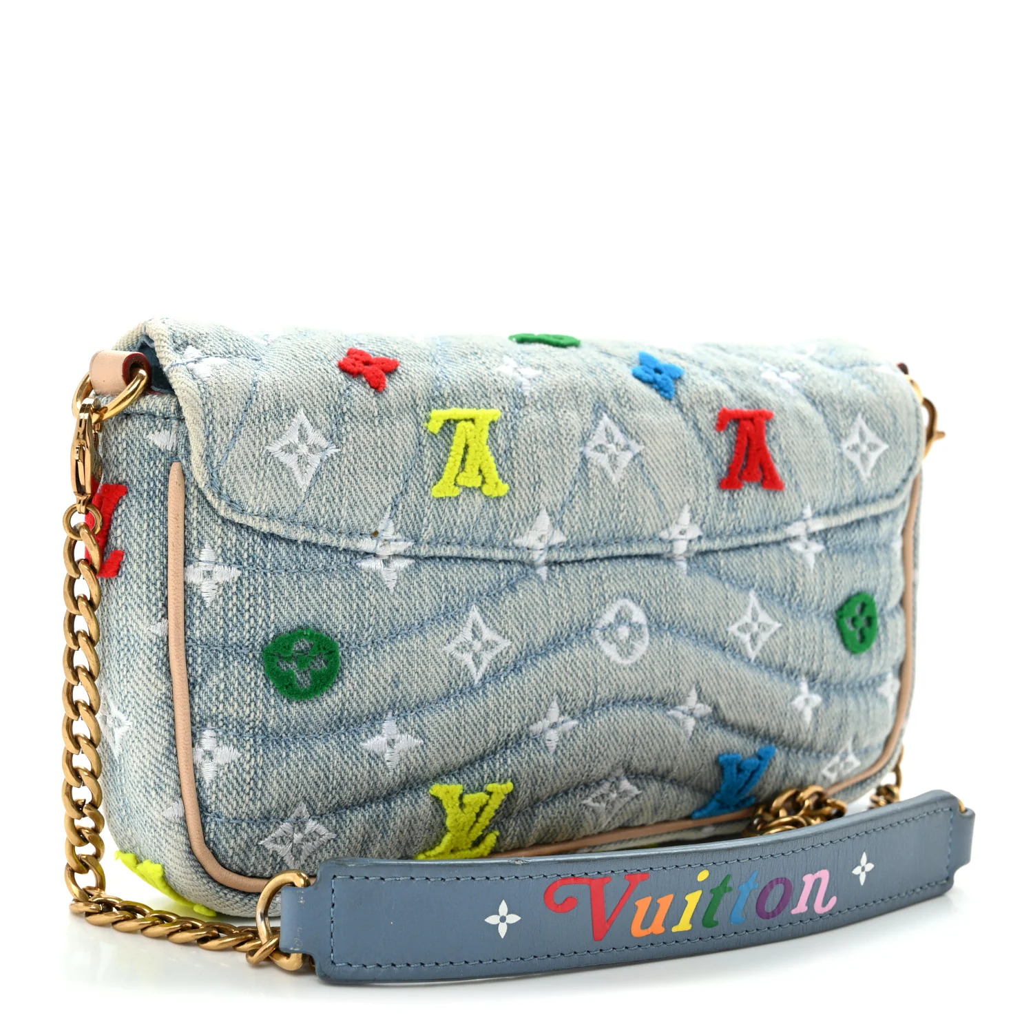 Embroidered Monogram Denim New Wave Chain Pochette Blue - Top Club