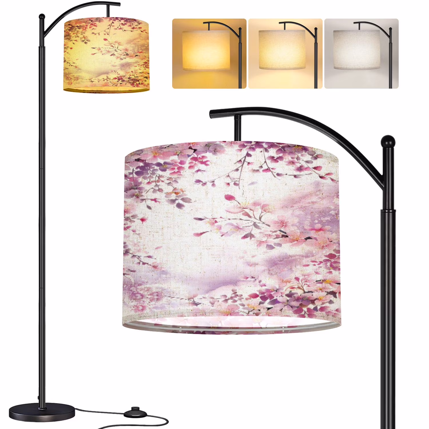 Arc Floor Lamp Timeless Japanese Cherry Blossoms Kimono Yukata Pink Red Purple Tall Modern Standing Lamp LED Adjustable Linen Lampshade 3 Color Temperatures