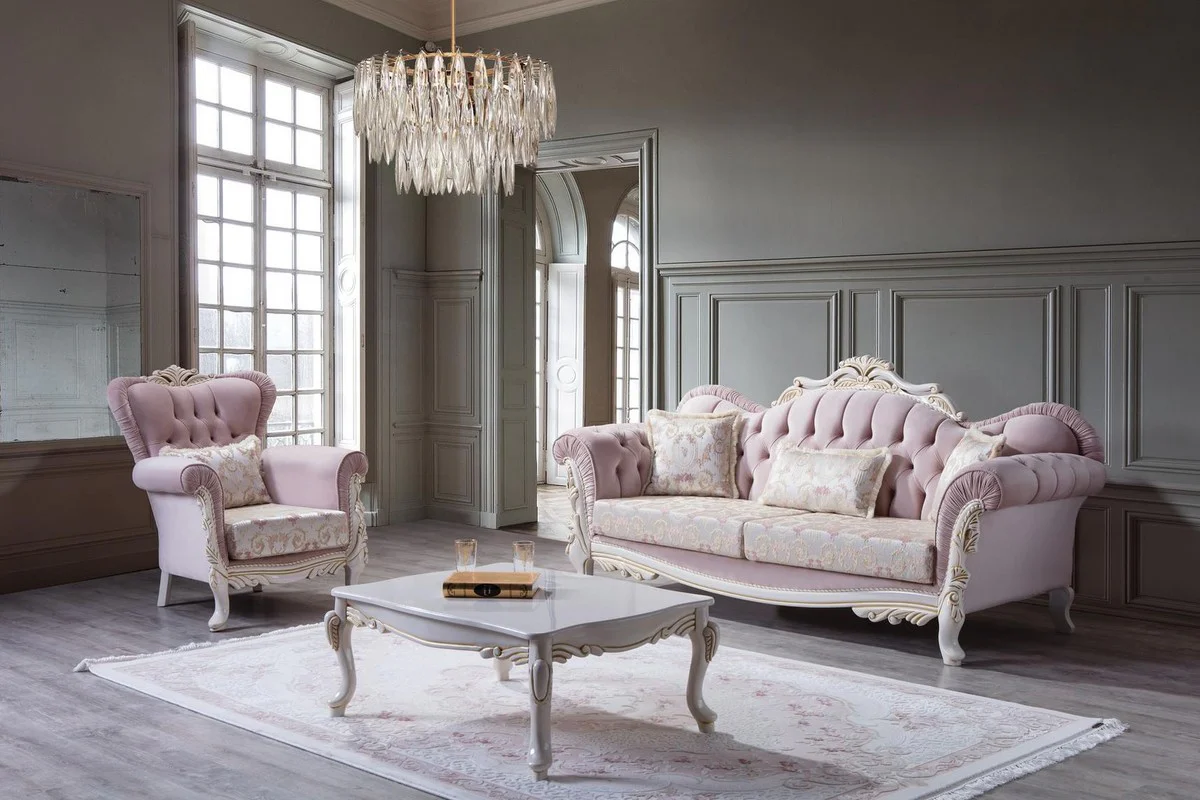 Luxury baroque coffee table white / gold 110 x 77 x H. 45 cm - Rectangular living room table in baroque style - Baroque furniture