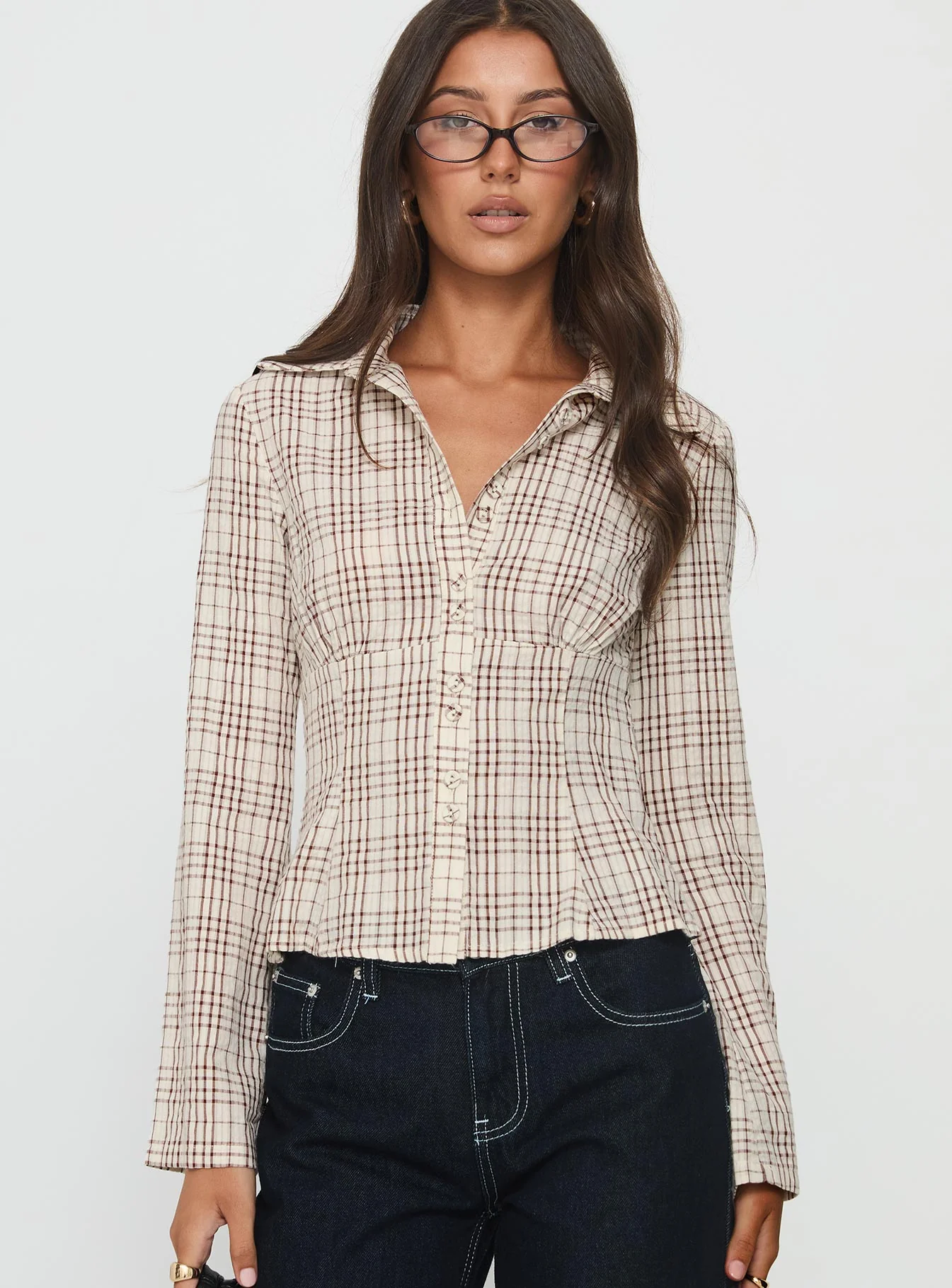 Cottesloe Long Sleeve Blouse Top Brown Check