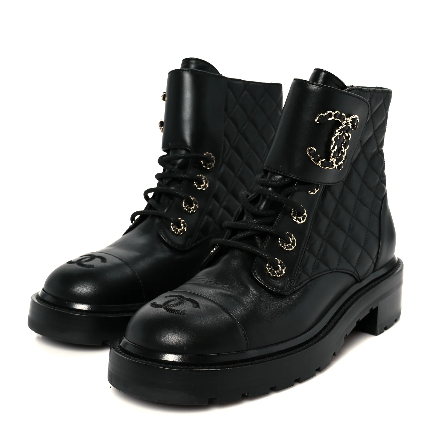 Shiny Lambskin Quilted Lace Up Combat Boots 39 Black - Top Club