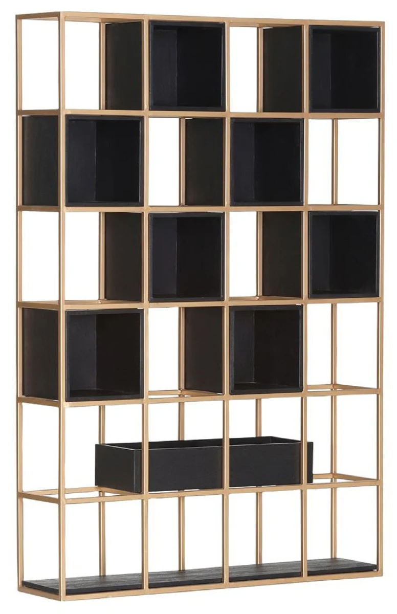 Luxury metal shelf cabinet with wooden compartments brass / black H. 160 cm