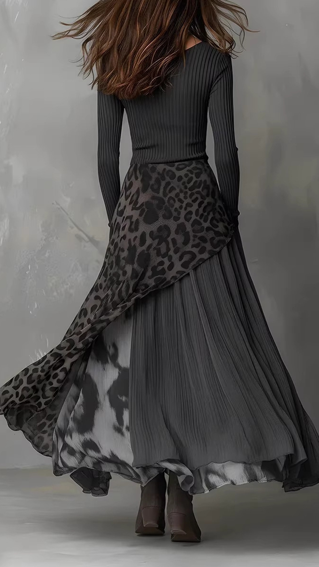 Women's Cotton‑blend Dark‑gray Leopard‑print Spliced U‑neck Long‑sleeve Irregular Flared Maxi Dress - Nordfashionstorm - Women's Clothing, Fashion for You - Nordfashionstorm.com