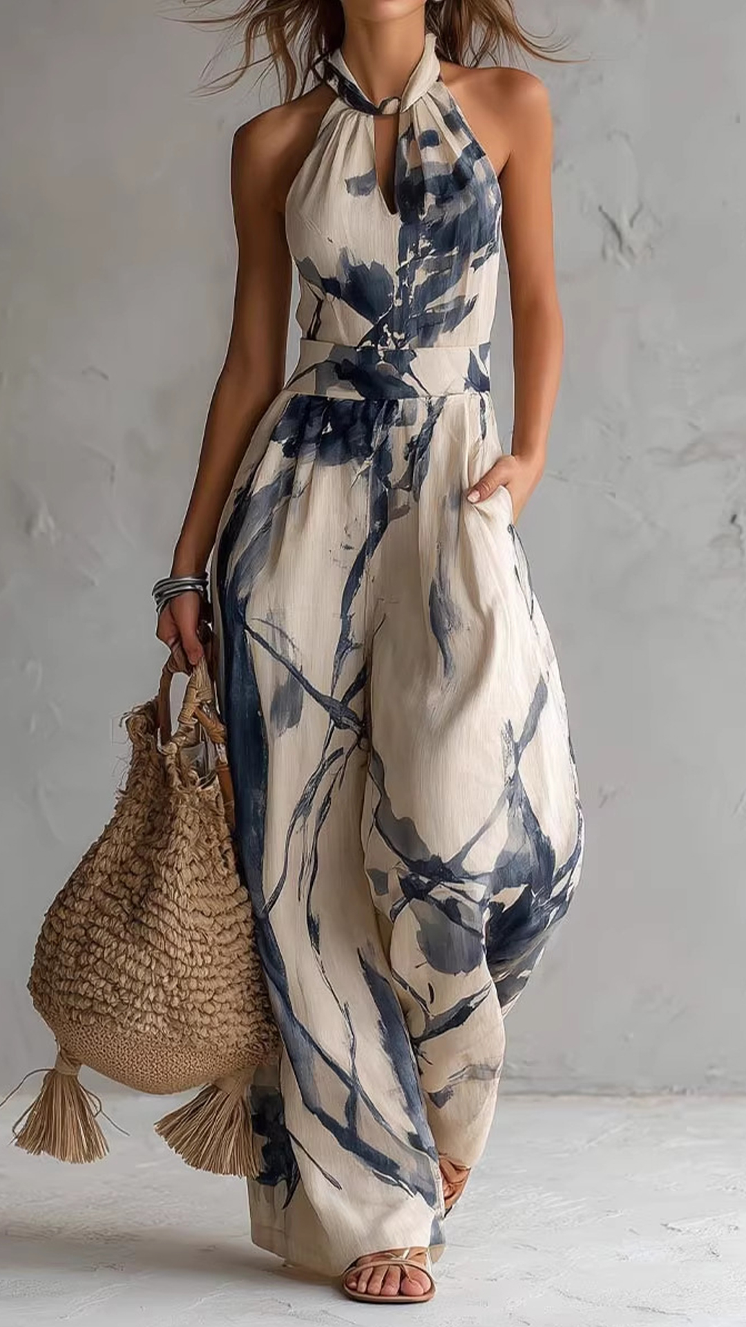 Women's Ink Print Halter Neck Wide-Leg Jumpsuit - Nordfashionstorm - Women's Clothing, Fashion for You - Nordfashionstorm.com