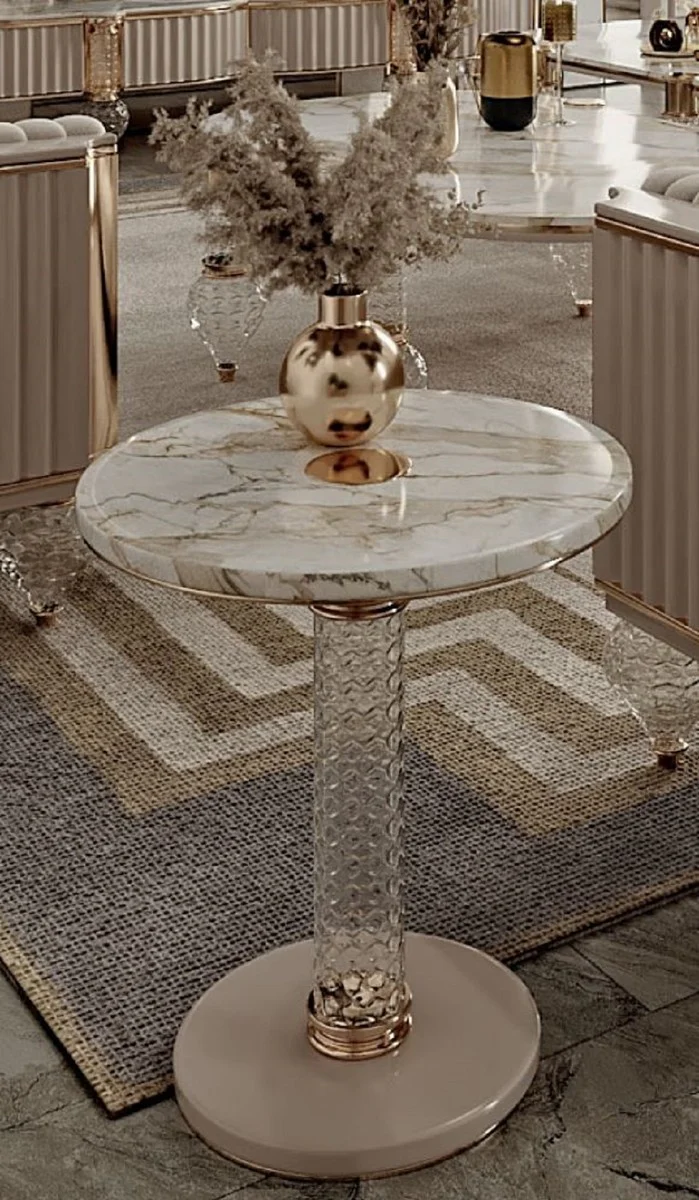 Luxury Art Deco side table white / gray / gold Ø 43 x H. 61 cm - Round table with elegant artificial marble table top - Art Deco living room furniture - Luxury living room furniture