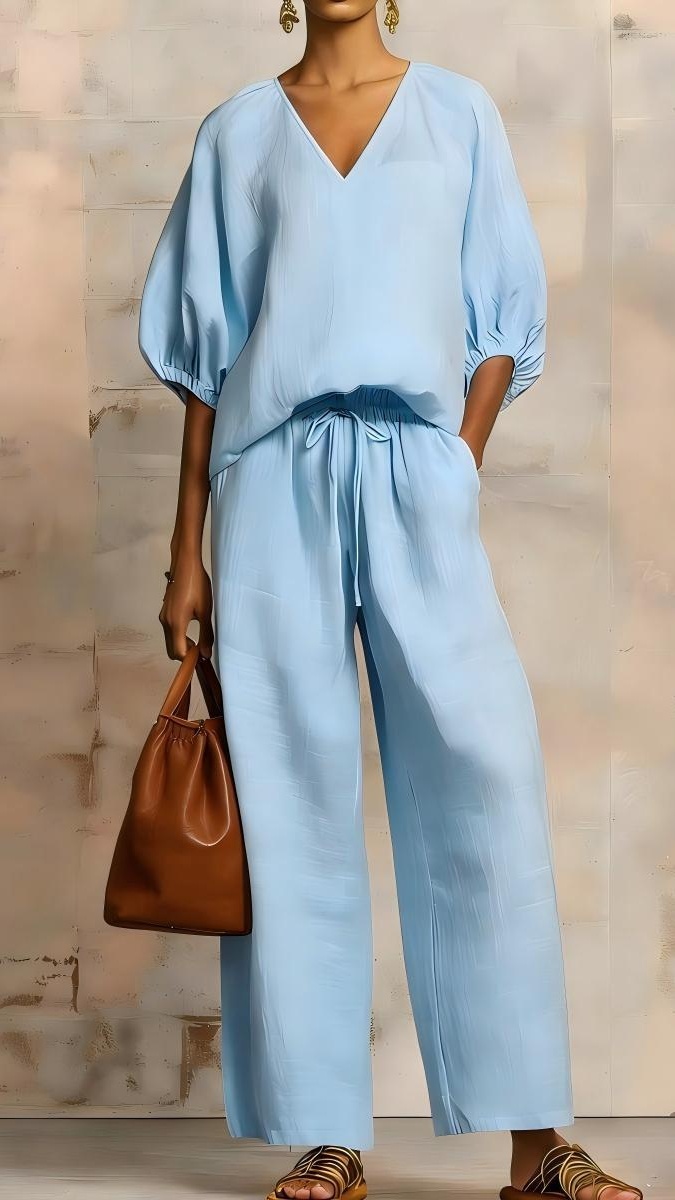 Women's Minimalist Solid-Color Loose-Fit V-Neck Casual Two-Piece Set - Nordfashionstorm - Women's Clothing, Fashion for You - Nordfashionstorm.com