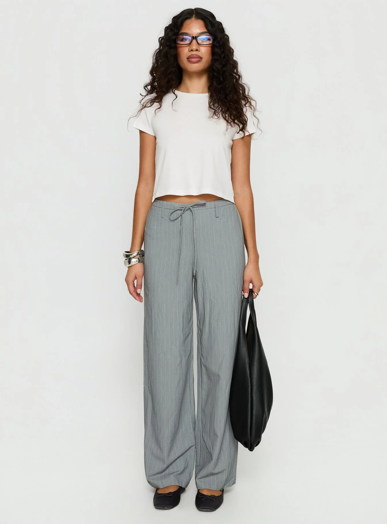 Idolised Tie Waist Pant Grey Pinstripe