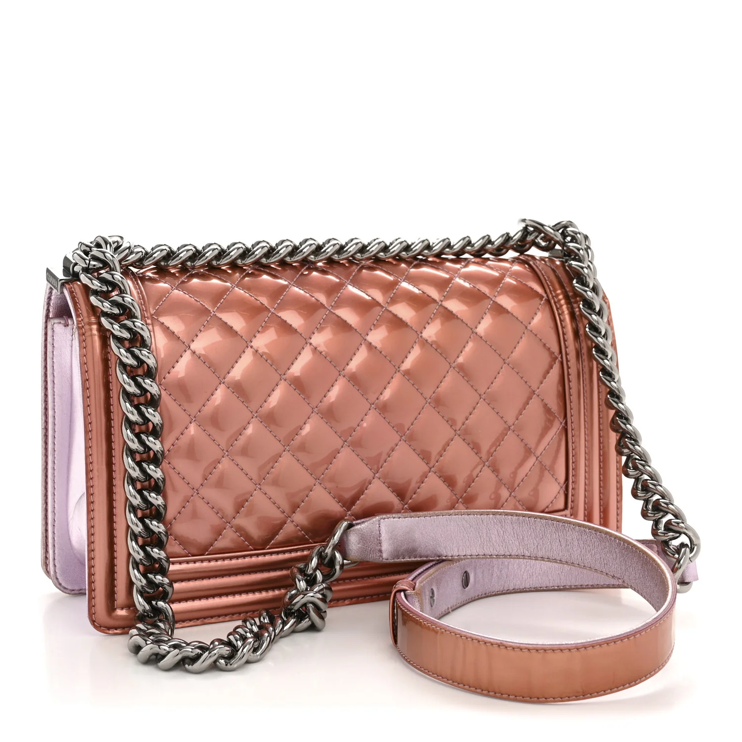 Metallic Patent Calfskin Quilted Medium Boy Flap Light Pink - Top Club