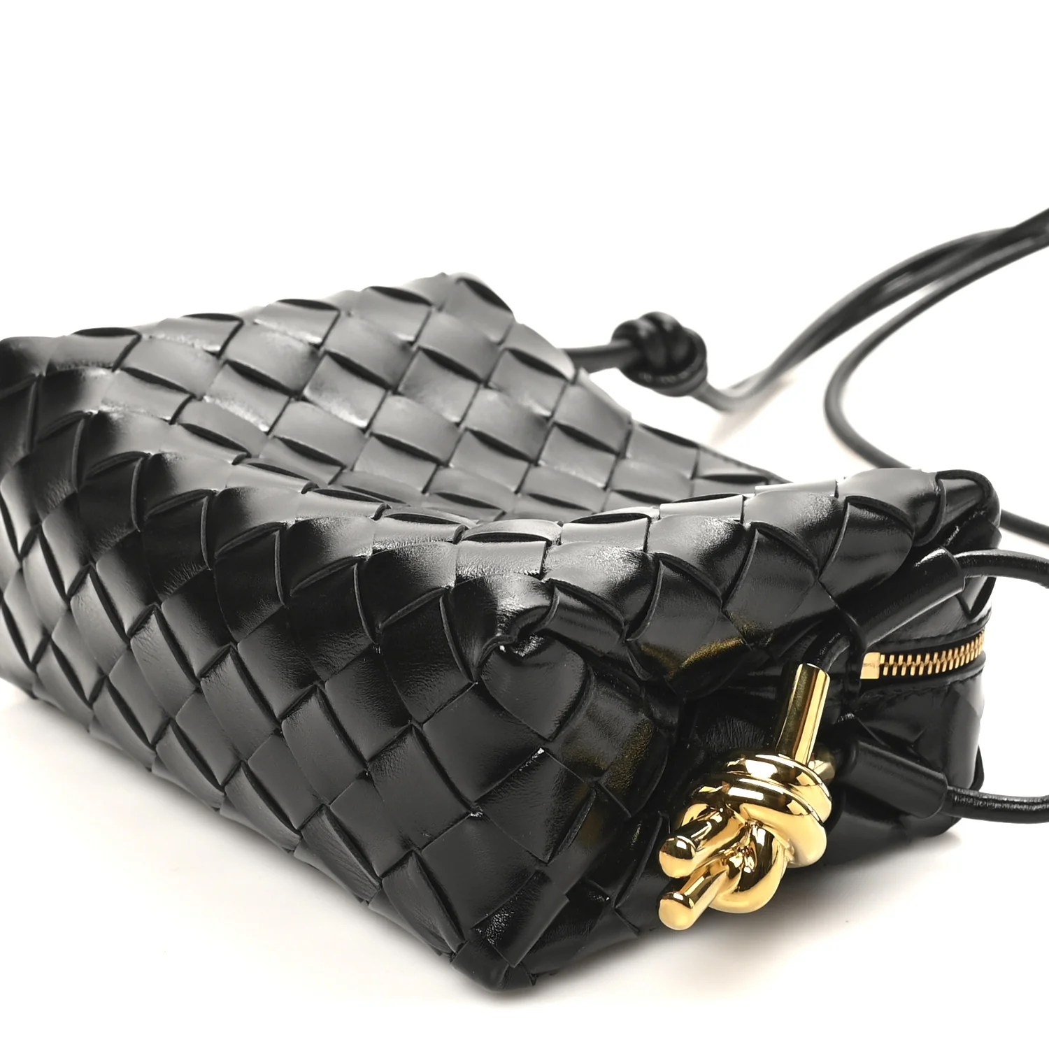 Polished Nappa Intrecciato Metallic Knot Mini Loop Camera Bag Black - Top Club