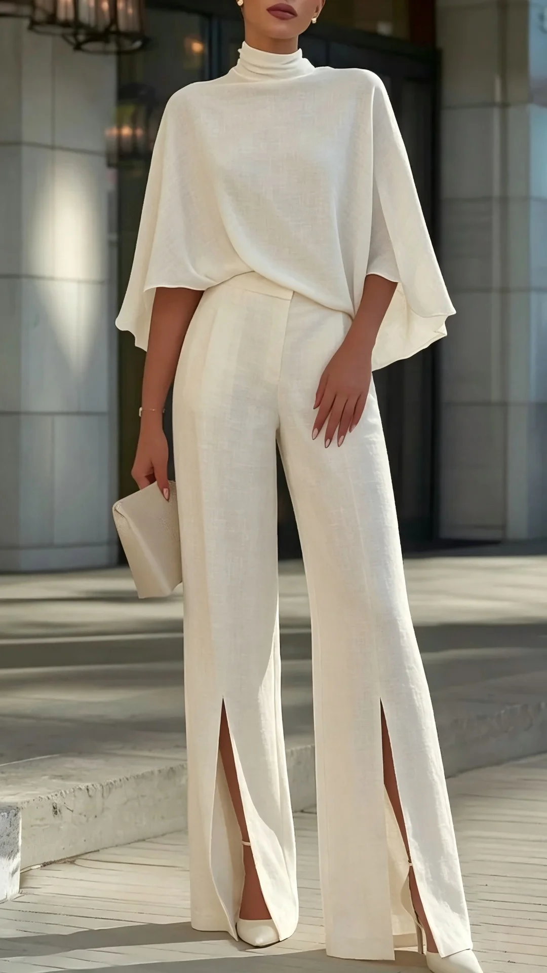Women's Elegant Mock Neck Shawl Collar Cardigan Top with Slit Wide-Leg Trousers Two-Piece Suit - Nordfashionstorm - Women's Clothing, Fashion for You - Nordfashionstorm.com