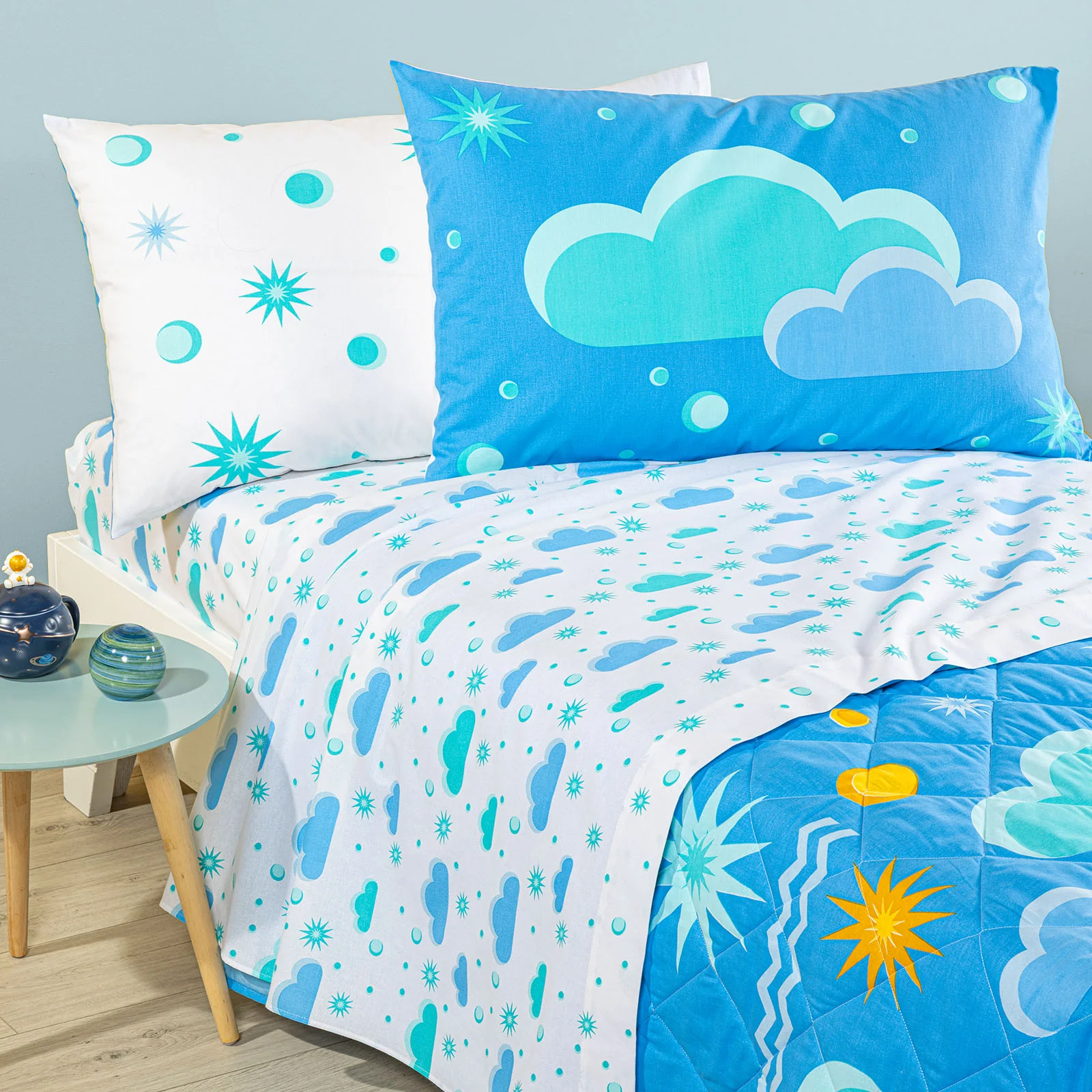 Completo Lenzuola In Cotone Magica Notte Piazza E Mezza Azzurro Caleffi Kids