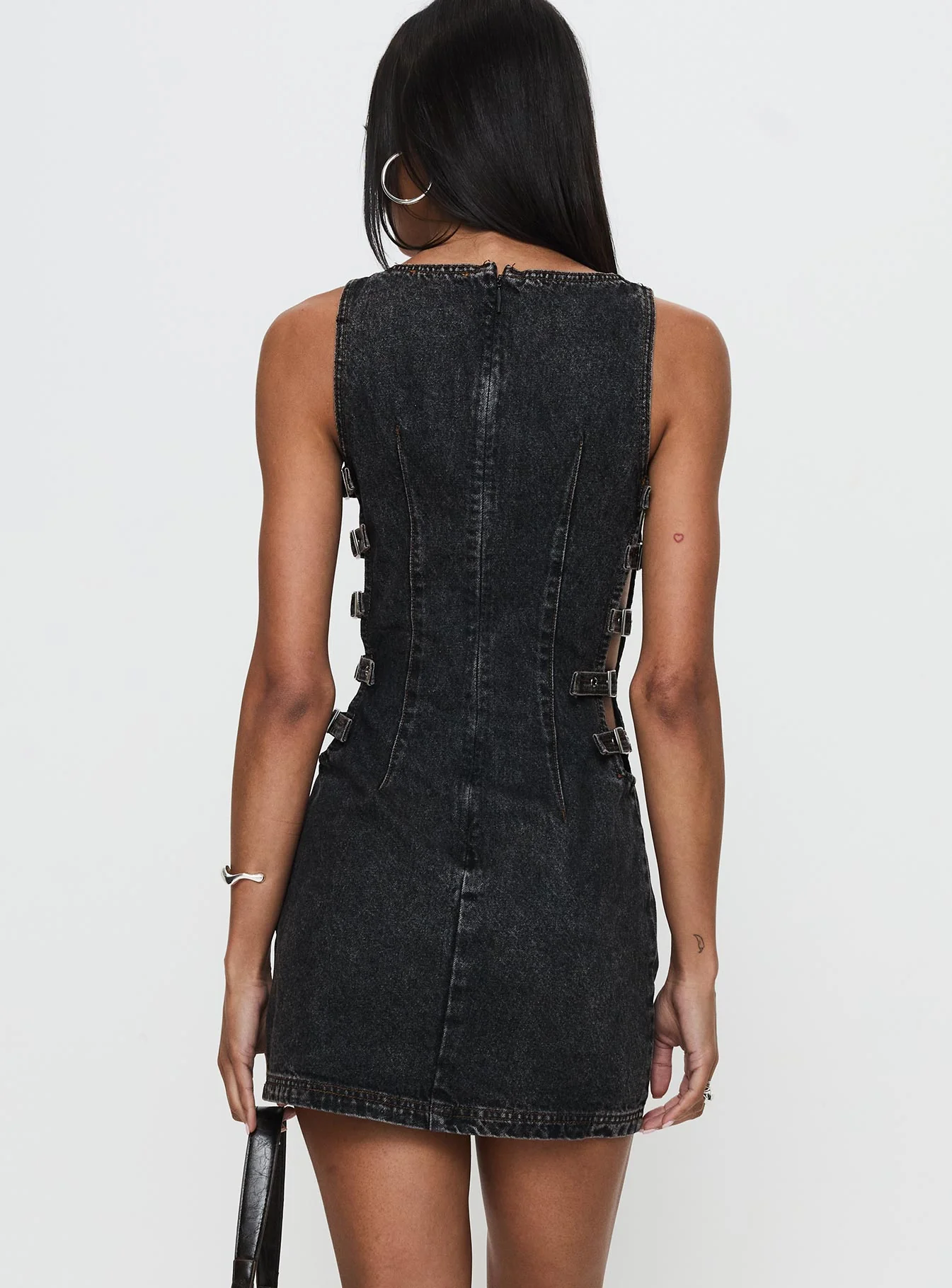 Chatter Buckle Side Denim Mini Dress Charcoal