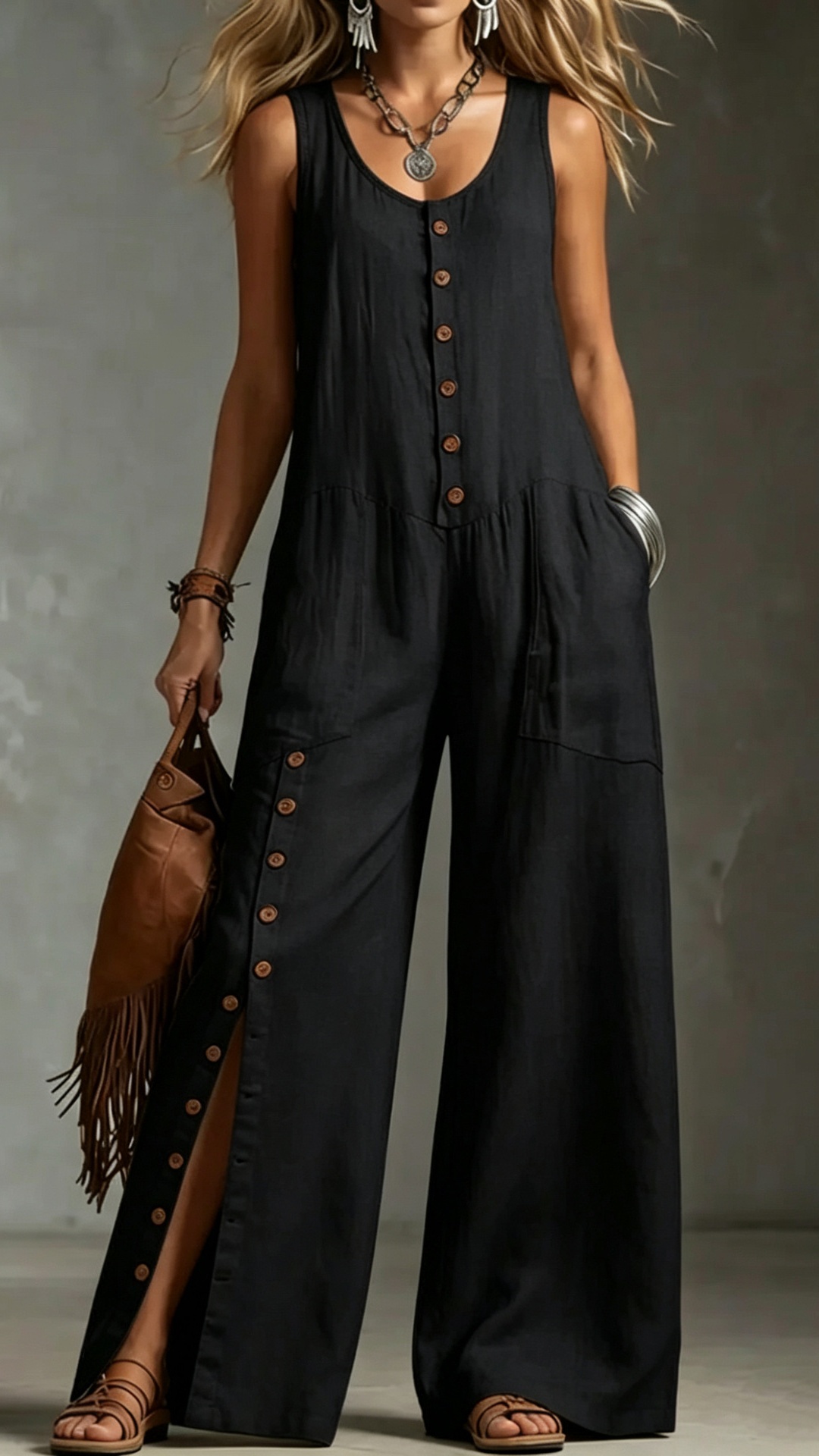Women's Sleeveless Linen Jumpsuit with Button Pockets - Nordfashionstorm - Women's Clothing, Fashion for You - Nordfashionstorm.com