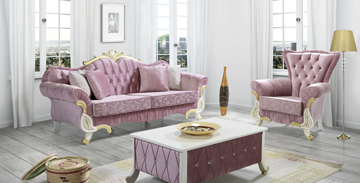 Baroque living room set pink / white / gold - 2 sofas & 2 armchairs & 1 coffee table - living room furniture in baroque style - noble baroque furniture