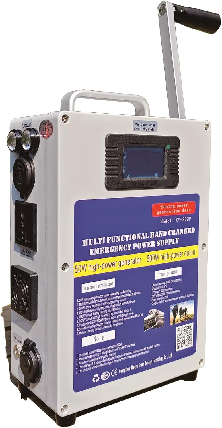 Generatore a Manovella da 500 W, 200 Wh, 46800 mAh, Stazione di Alimentazione Portatile con Presa, 220 V AC/DC/USB Generatori di Alimentazione Mobile, Alimentazione di Emergenza