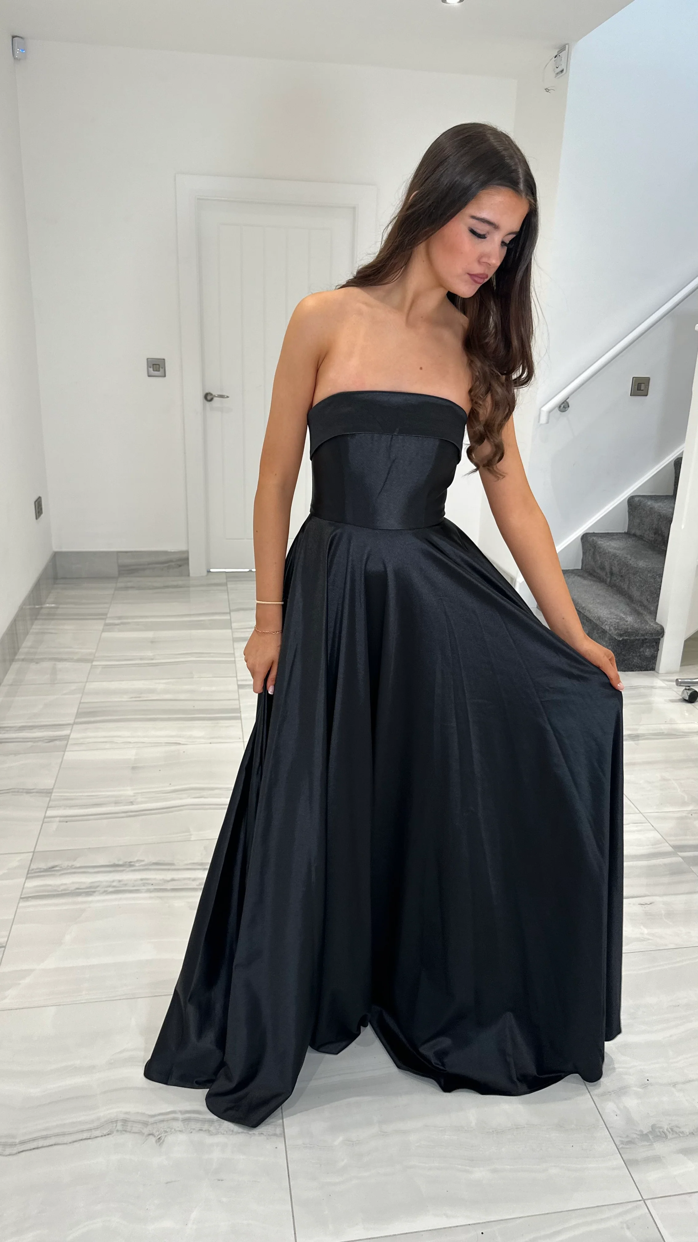 Black Satin A-line Strapless Gown