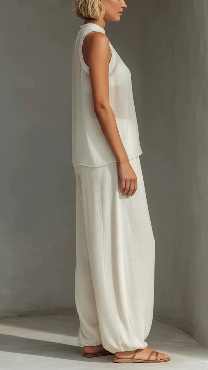 Women's Chiffon Semi-Sheer Round Neck Sleeveless Vest Drawstring Wide-Leg Pants Loose Fit Suit - Nordfashionstorm - Women's Clothing, Fashion for You - Nordfashionstorm.com