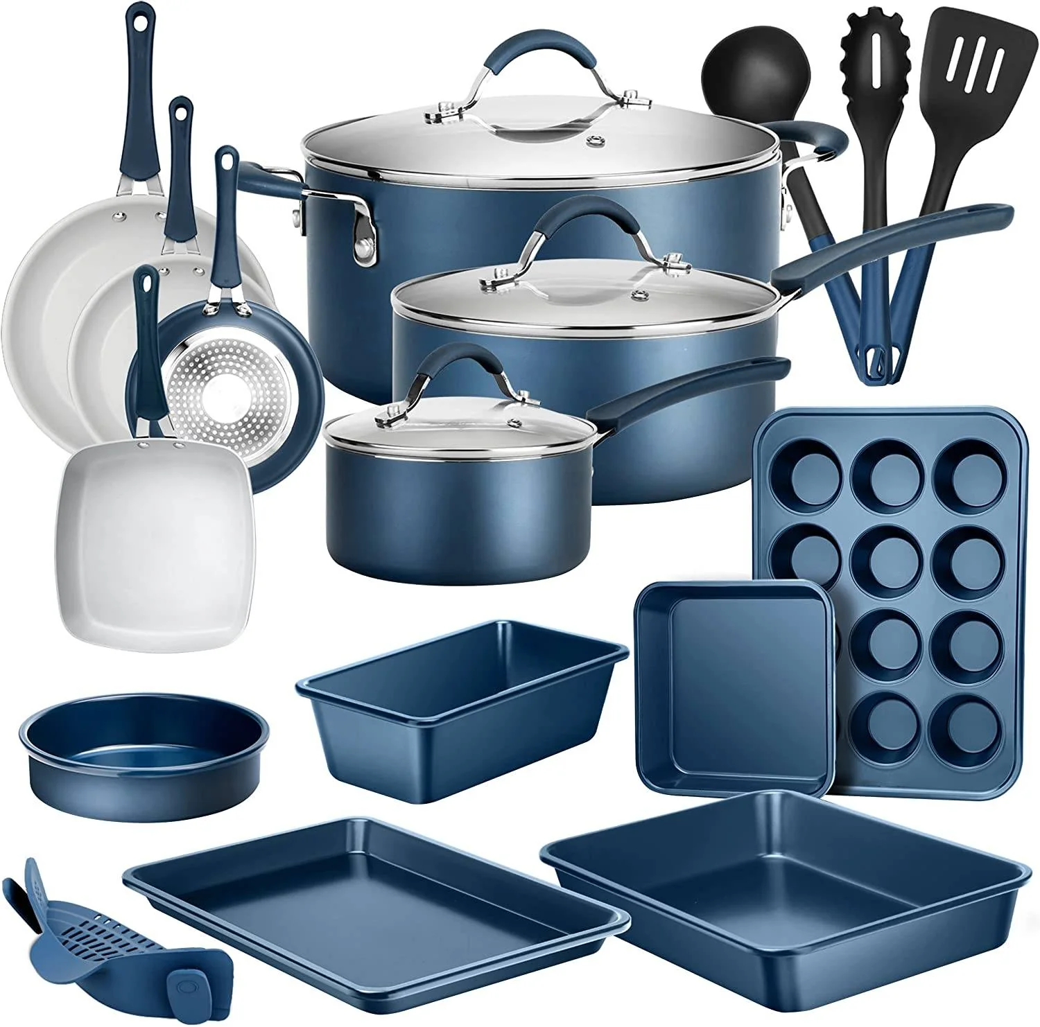 20 Piece Non-Stick Kitchen Cookware/Bakeware Set with PTFE/PFOA/PFOS Free Heat Resistant Silicone Handles with Pot, Frying Pans, Cooking, Oven Pot, Lids, Utensils, -NCCW20SBLU, One Size, Navy Blue