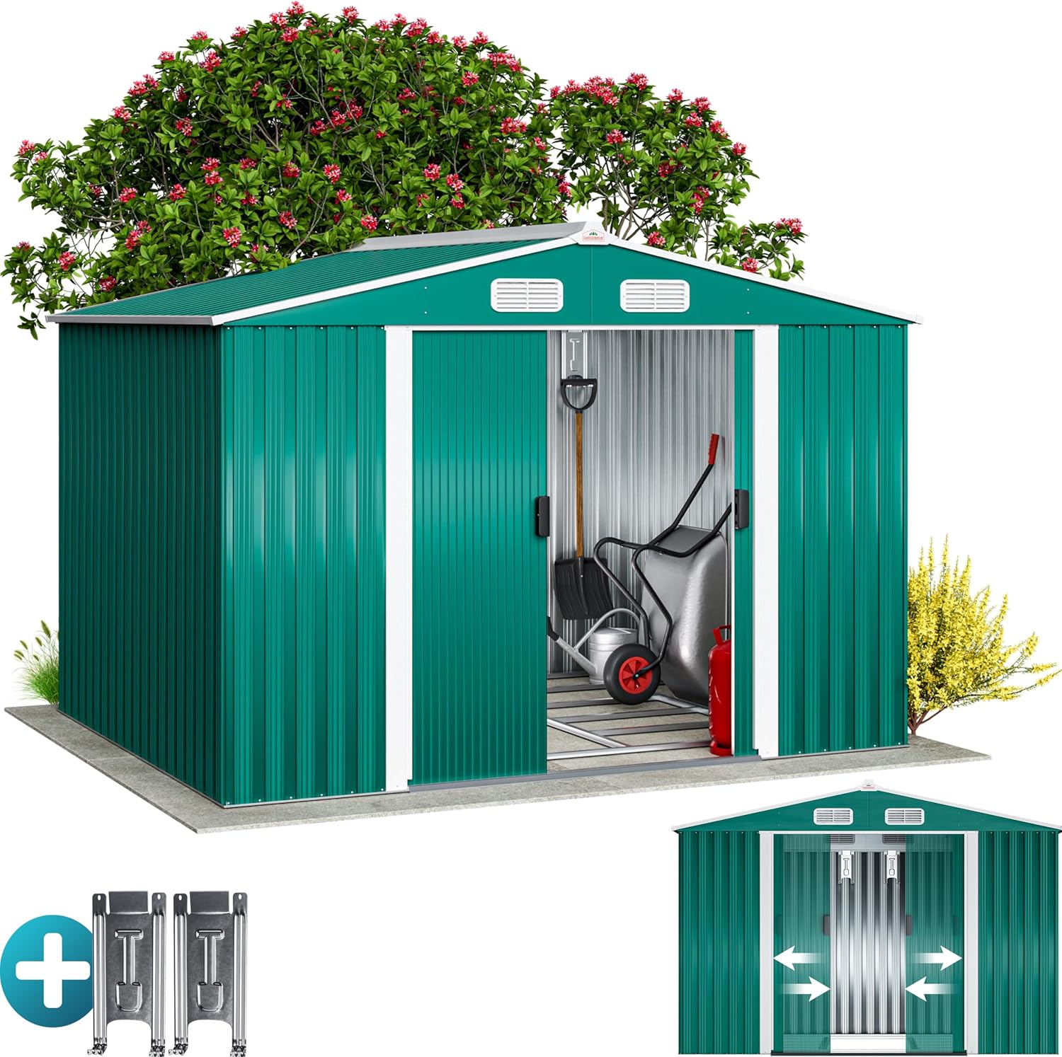Deuba Capanno da Giardino XXL 5m² Fondamenta 257x205x177,5cm Porta Scorrevole Casetta 3,1m³ Verde