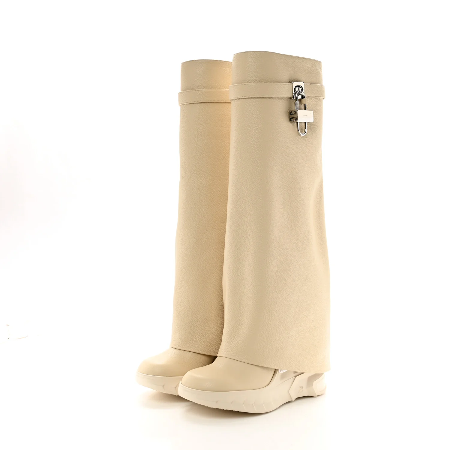 Grained Calfskin Shark Lock Biker Knee Boots 40 Beige - Top Club