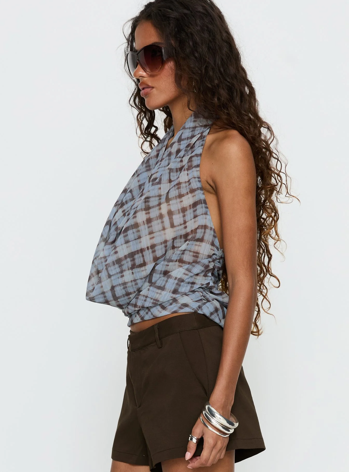 Aldana Plunge Neck Top Multi Check