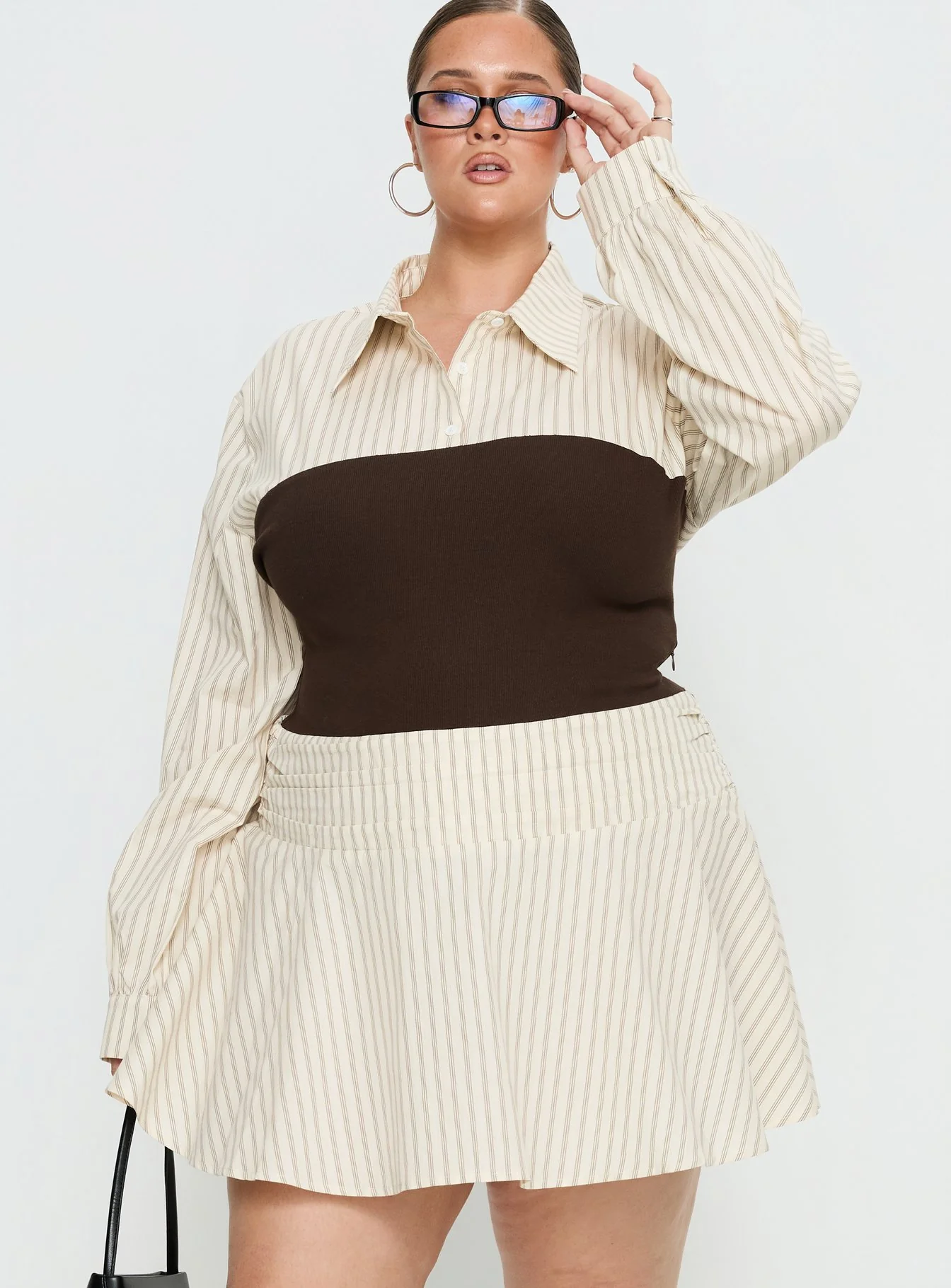 Belva Long Sleeve Corset Shirt Mini Dress Brown Stripe Curve