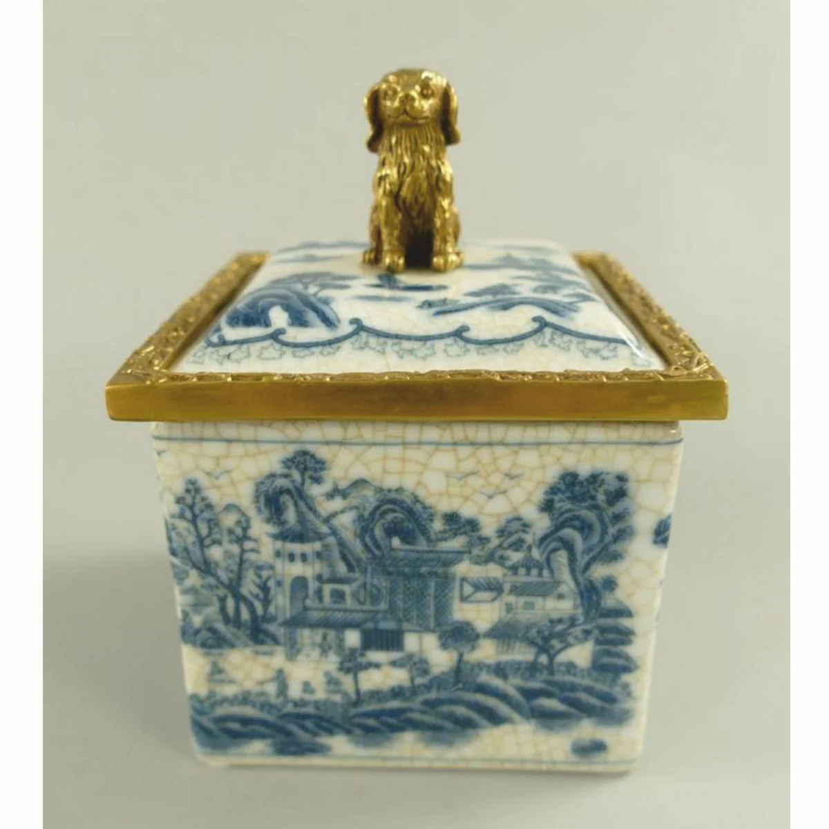 Baroque porcelain sugar bowl with lid cream / blue / brass 10 x 10 x H. 13 cm