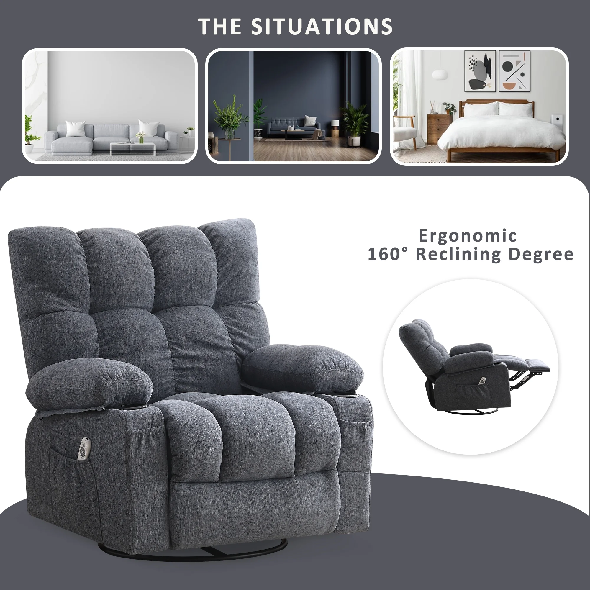 JONPONY Manual Recliner Chair with Heat Therapy and Massage Function, Heavy Duty Reclining Mechanism Massage Chair, Elderly Single Rocker Sofa with Cup Holders for Bedroom Home Theater, Grey