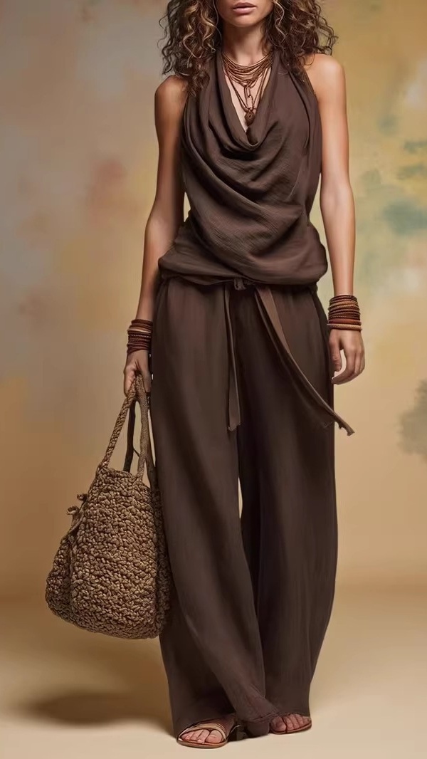 Women's Laid-back & Chic Vintage Solid-Color Top and Wide-Leg Pants Set - Nordfashionstorm - Women's Clothing, Fashion for You - Nordfashionstorm.com