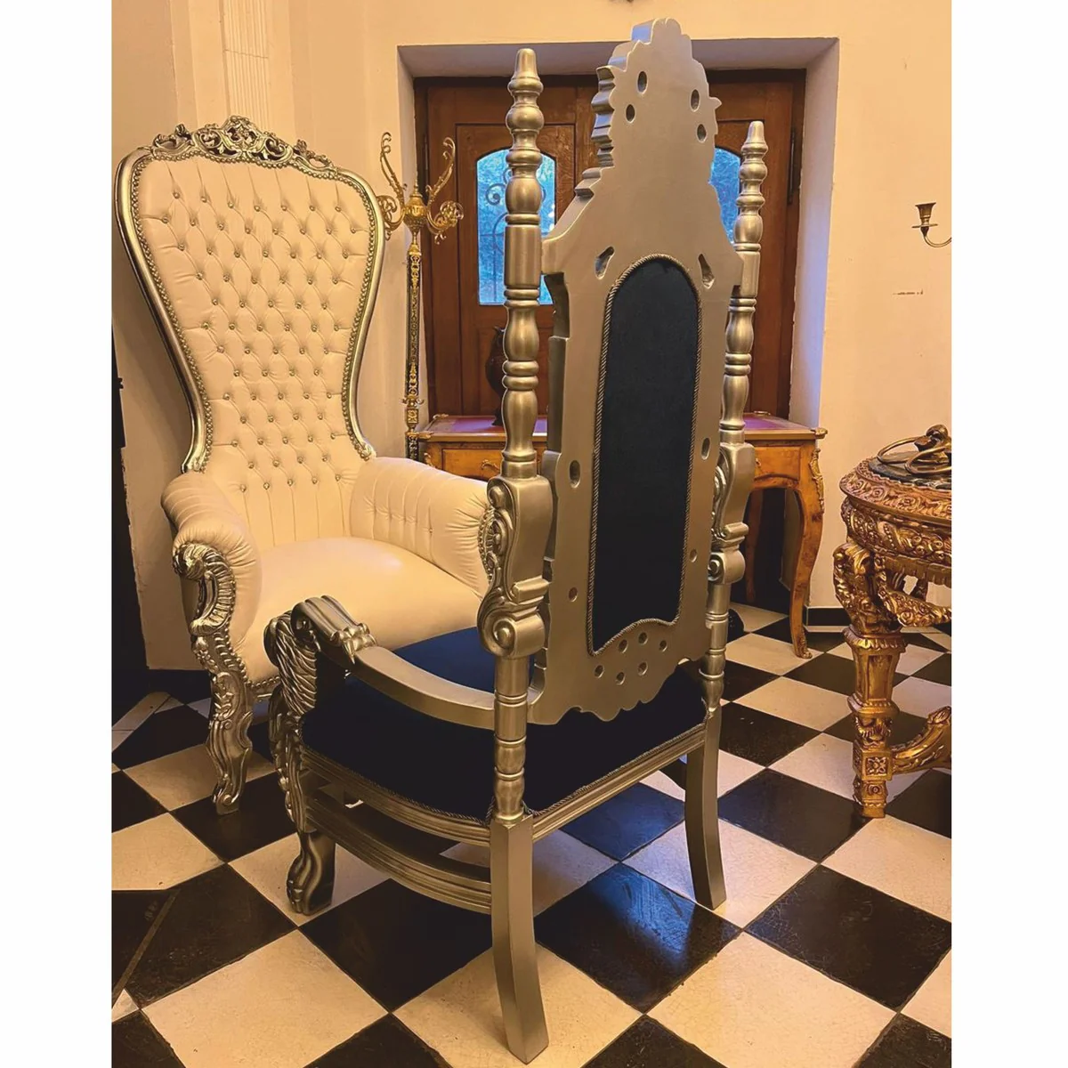 Luxury baroque throne armchair with glittering stones dark blue / silver - baroque furniture
