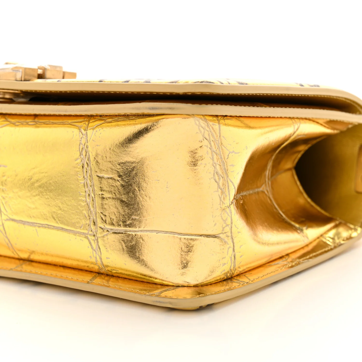 Metallic Calfskin Crocodile Embossed Graffiti Medium Cocodile Boy Flap Gold - Top Club