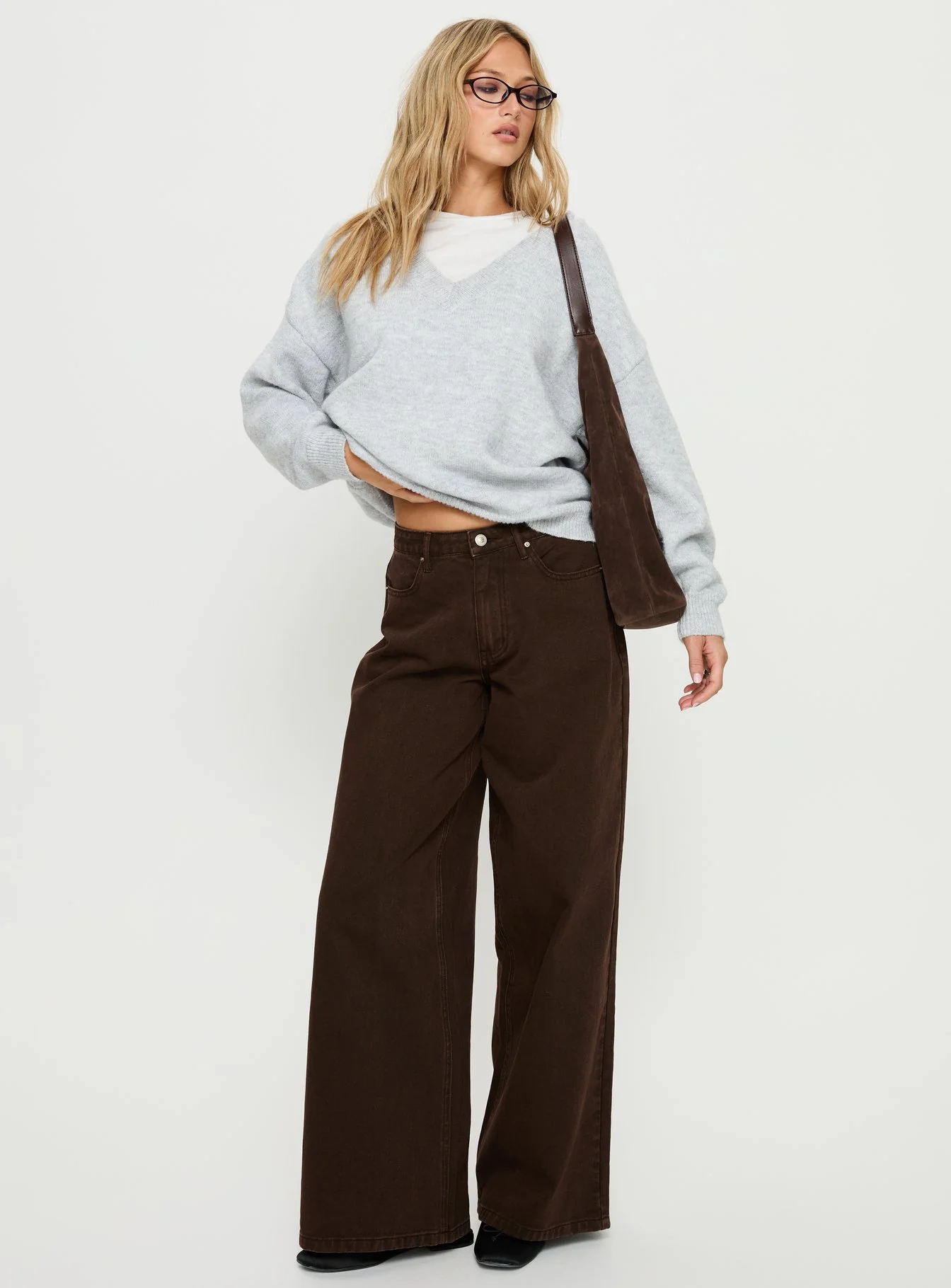 Stay The Night V Neck Knit Sweater Grey Marle