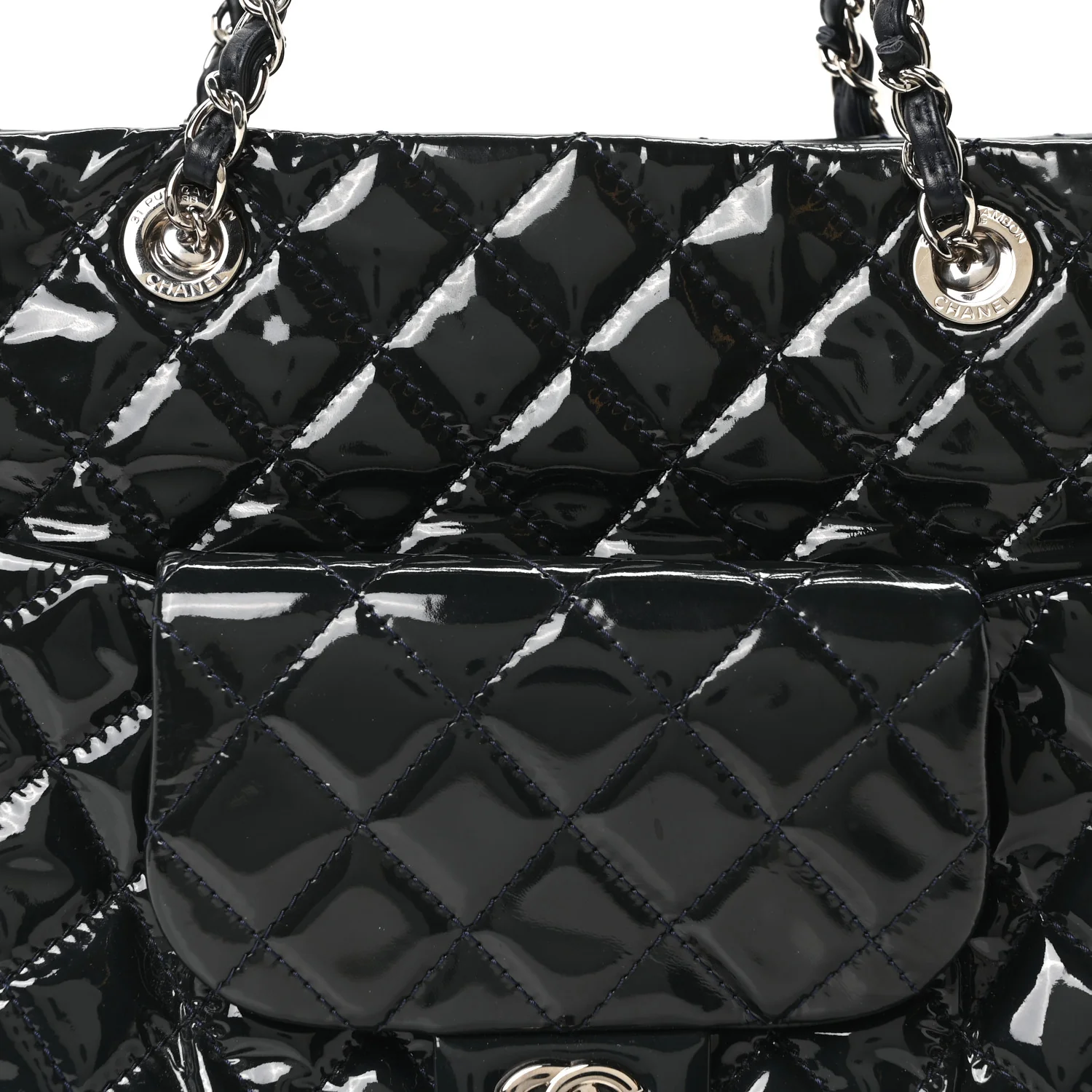 Patent Quilted Large Coco Shine Shopping Tote Navy - Top Club