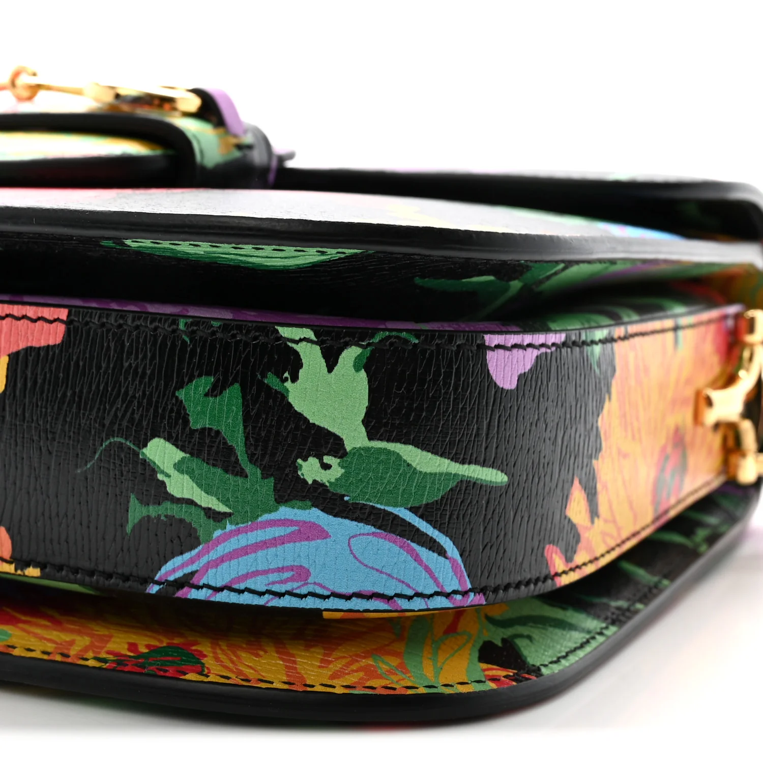 X KEN SCOTT New Shangai Calfskin Jenny Floral Print Horsebit 1955 Shoulder Bag Black Pink - Top Club