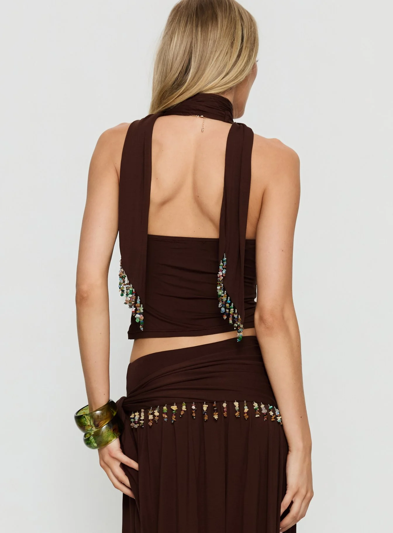 Spirita Beaded Halter Top Brown