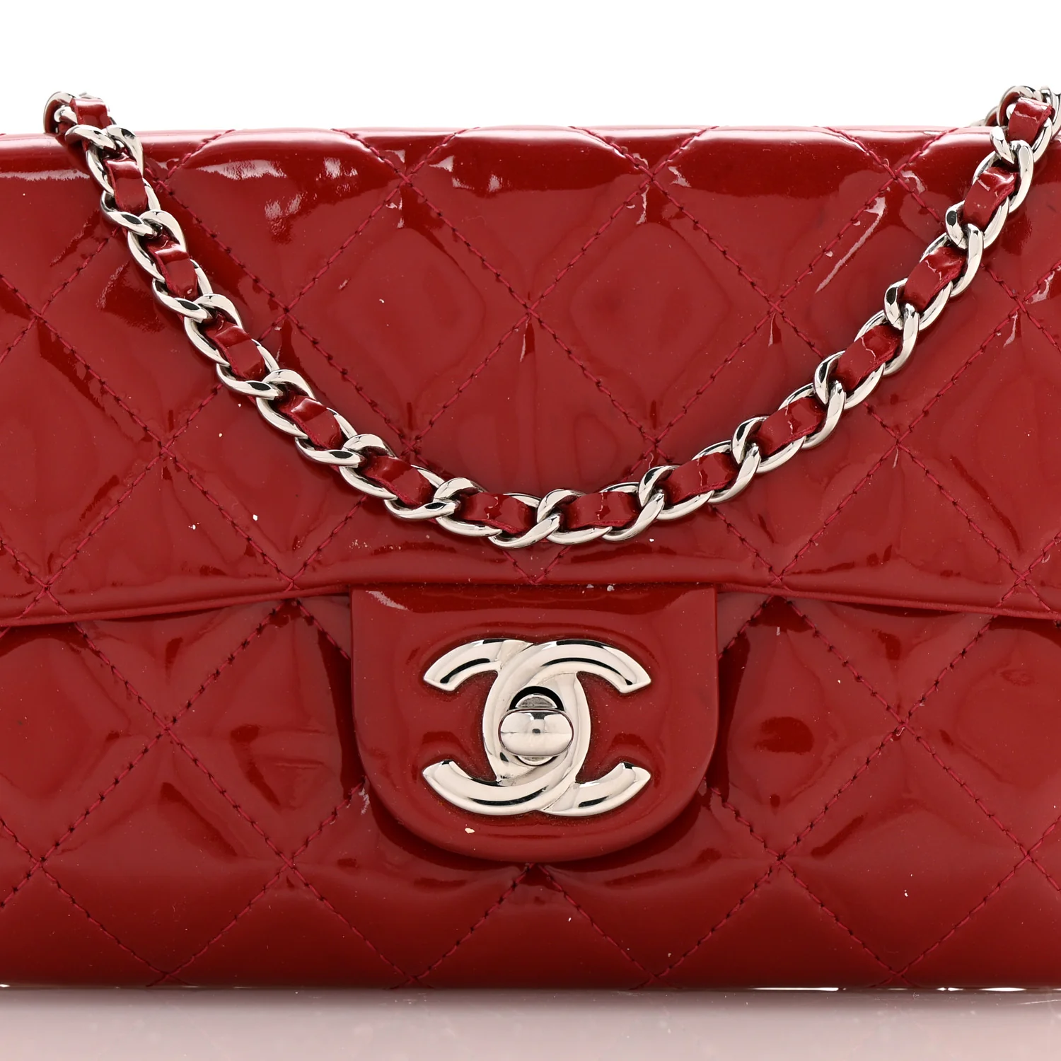 Patent Quilted Mini Flap Clutch With Chain  Red - Top Club