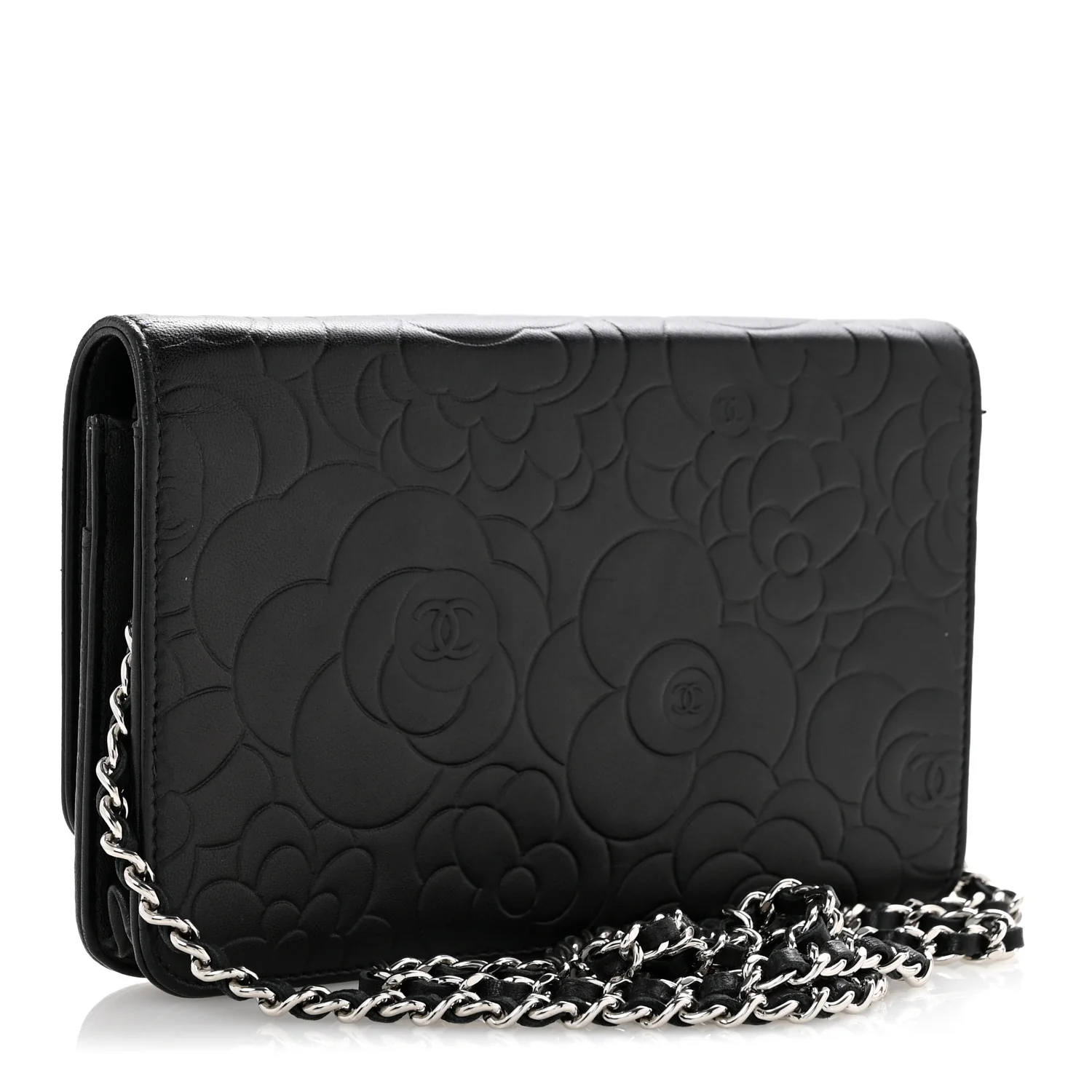 Lambskin Camellia Embossed Wallet On Chain WOC Black - Top Club