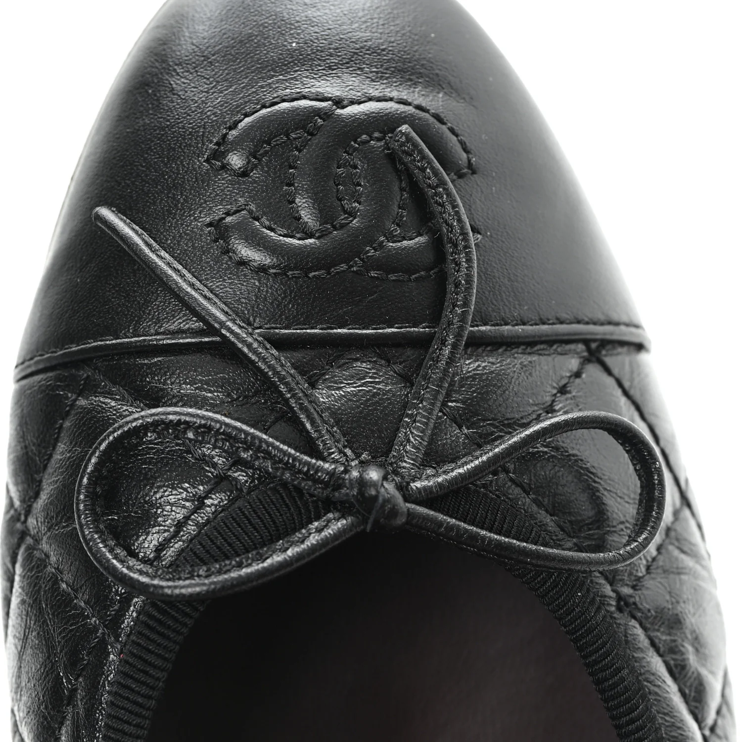 Aged Calfskin Quilted CC Cap Toe Ballerina Flats 37.5 Black - Top Club