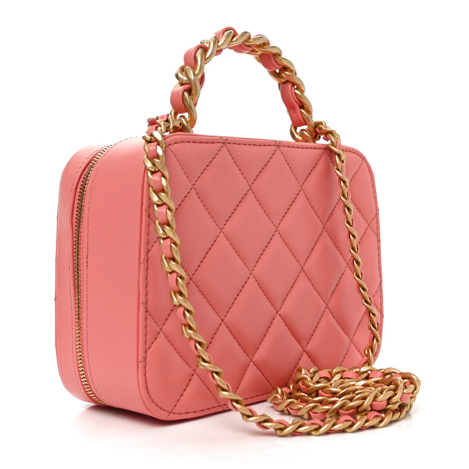 Lambskin Quilted Top Handle Small Vanity Case Pink - Top Club
