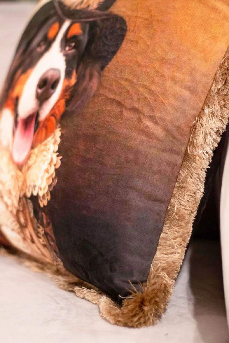 Luxury decorative cushion Lord St. Bernard multicolored / brown 45 x 45 cm - printed velvet cushion with fringes - luxury decorative accessories