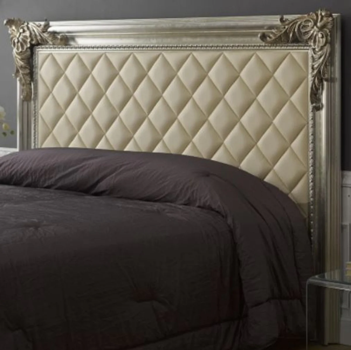 Luxury Baroque bed headboard with faux leather antique silver / antique gold / ivory 210 x 12 x H. 140 cm - Baroque bedroom furniture